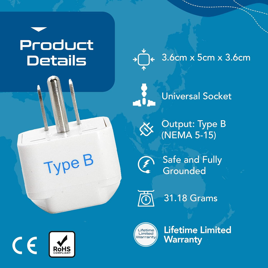 Europe to US Plug Adapter, Type B USA Plug Adapter Compatible with Plugs from Europe, India, and Other Countries - India to USA Plug Adapter Is CE Certified & Rohs Compliant, White, 3 Pack