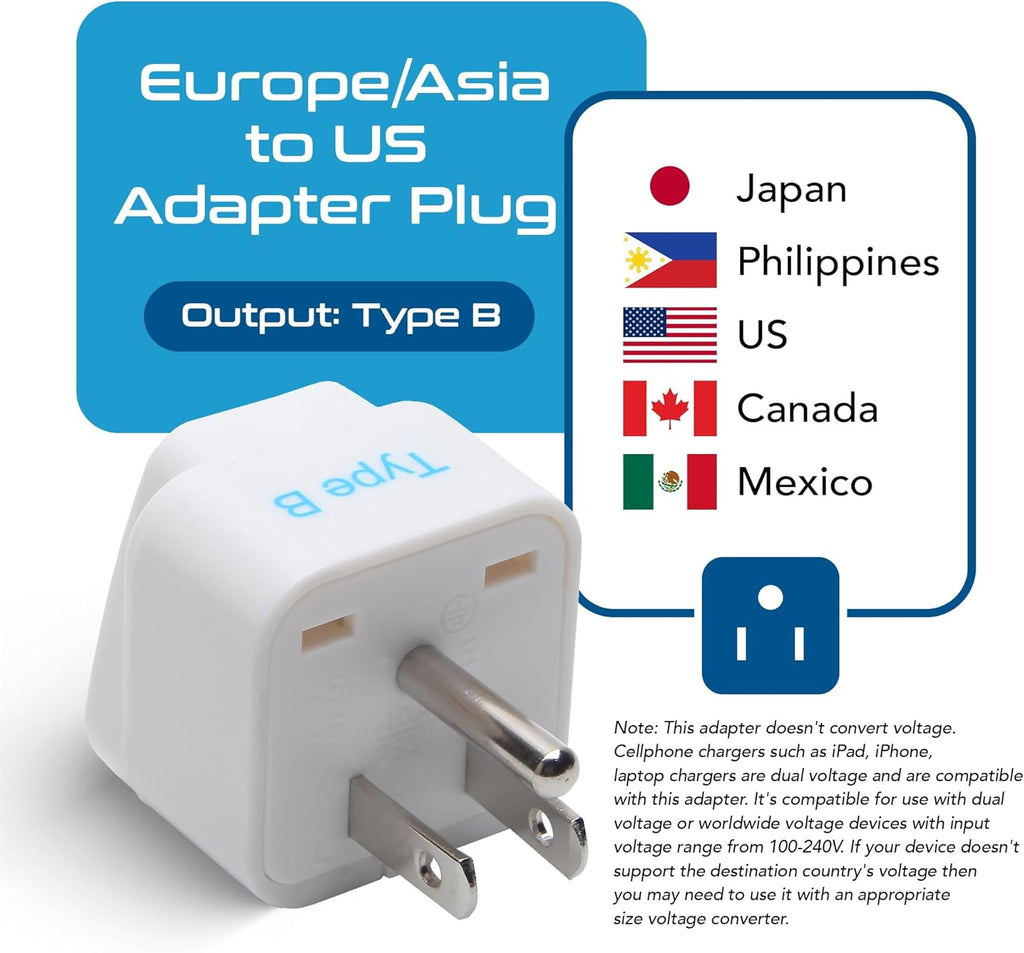 Europe to US Plug Adapter, Type B USA Plug Adapter Compatible with Plugs from Europe, India, and Other Countries - India to USA Plug Adapter Is CE Certified & Rohs Compliant, White, 3 Pack